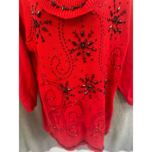Red Beaded Snowflake Embellished Tunic Sweater Holiday Party - Picture 4 of 13